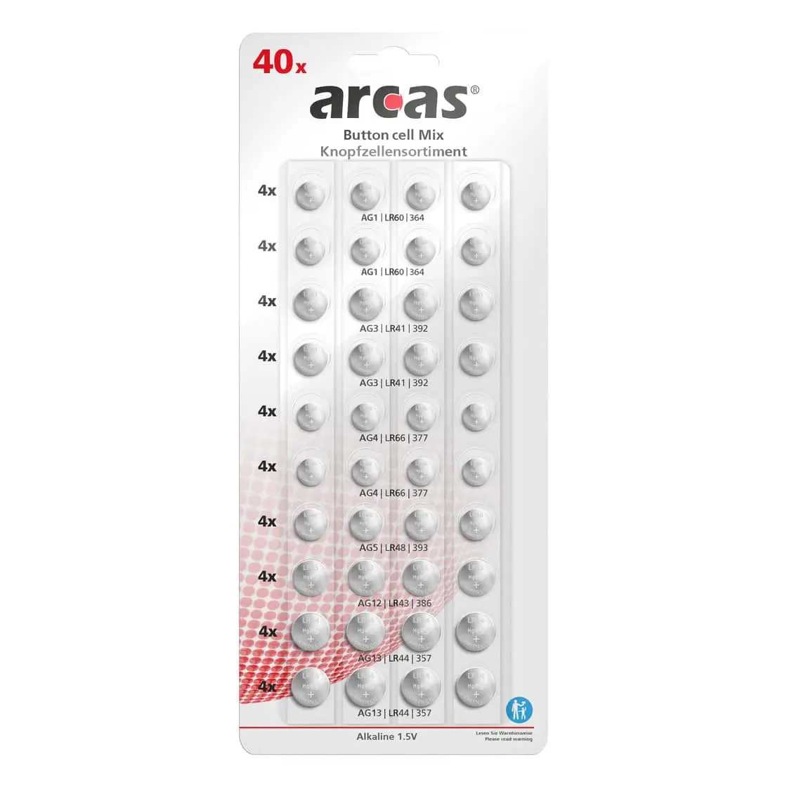 arcas alkaline ag knopfzellenset 40tlg 8xag1 8xag3 8xag4 4xag5 4xag12